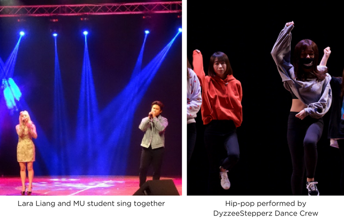 Lara Liang and MU student sing together and Hip-pop performed by Dyzzee Stepper Dance Club