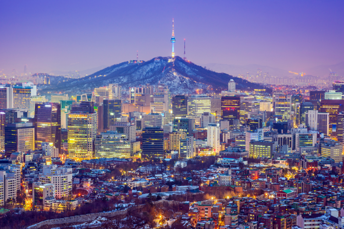 Colorful nighttime view of Seoul, South Korea