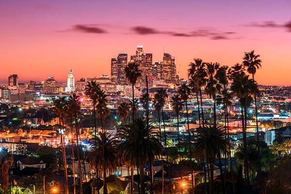 Nighttime view of Los Angeles with city lights and palm trees visible