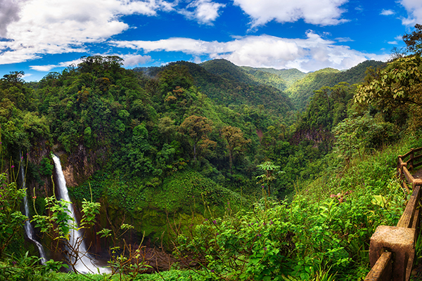 Costa Rican jungle, mountains, and waterfall