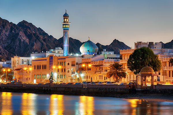 Nighttime cityscape along the water