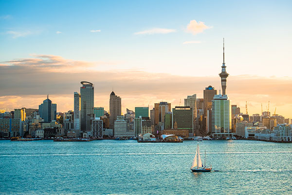 Cityscape and shore as seen from the water, New Zealand