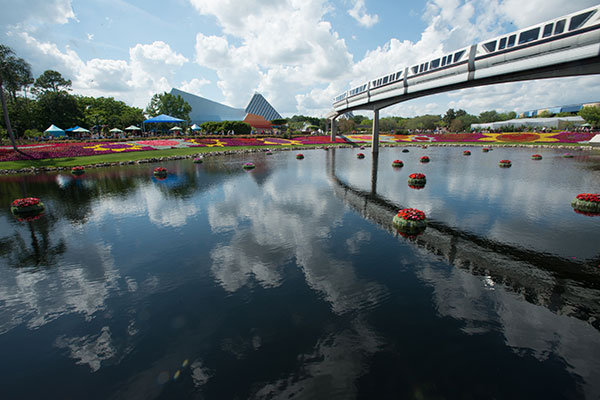 View of the Magic Kingdom with monorail and lake