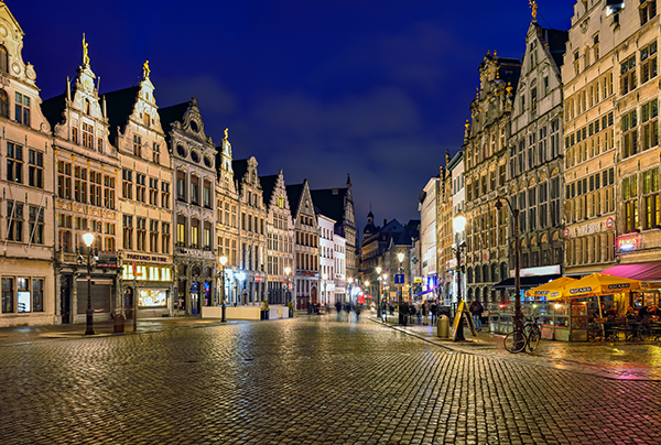 evening view of square in city center, Antwerp, Belgium