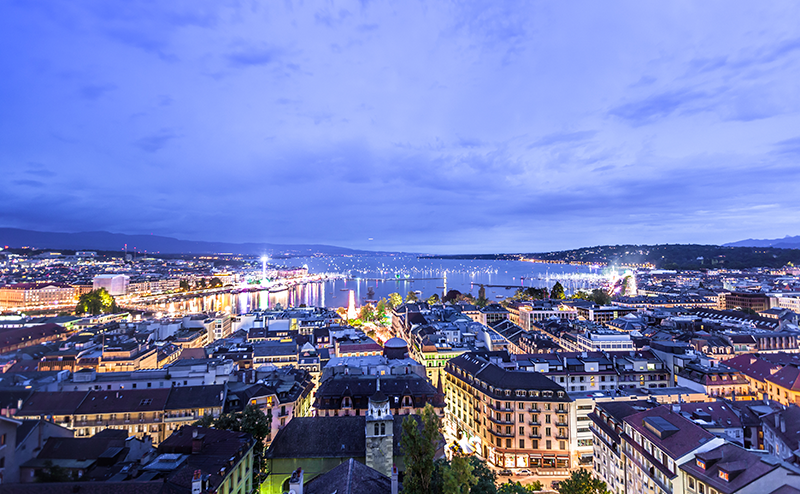 panoramic night view of Geneva and Lake Geneva, Switzerland