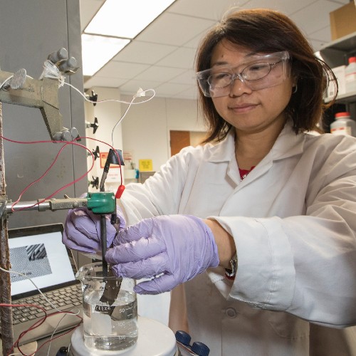 Lei Kerr working in laboratory at Miami University