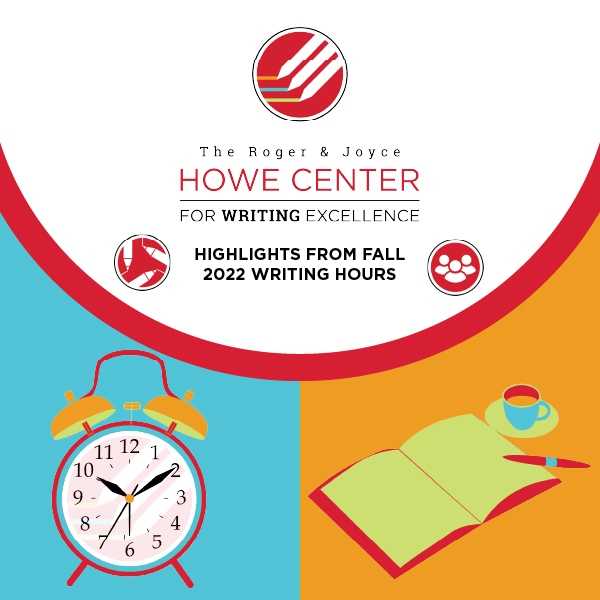 A clock with a writing journal. Text: Highlights from Fall 2022 Writing Hours