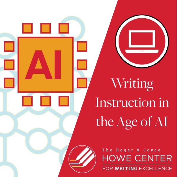 Writing Instruction in the Age of AI with a colorful microchip representing artificial intelligence