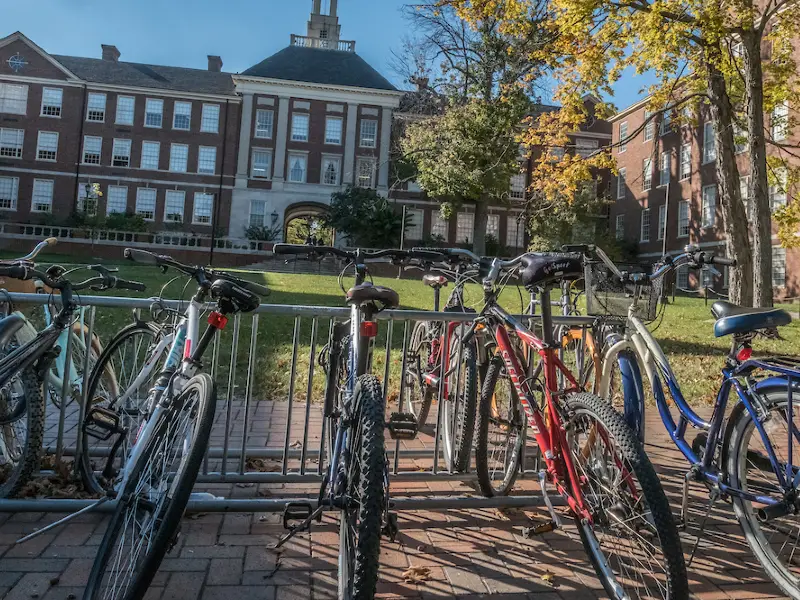 Bikes at a bike rack on the east side of Upham Hall