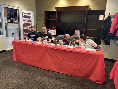 The judges for the chili competition, from left to right: Terry Moore, Jonathan Fox, BaShaun Smith, Dean Harris, and Bethany Perkins