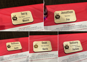 A group of images showing the engraved wooden nametags that were made for the judges. Terry 'the spicy scrutinizer' Moore; Jonathan 'Red Hot' Fox; BaShaun 'the Scoville Scholar' Smith; Dean 'SQL Spicelord' Harris; and Bethany 'The Enrollment Enchilada' Perkins
