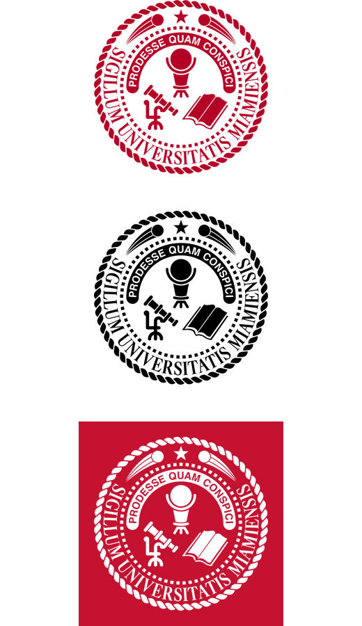 3 versions of the presidential seal. One red, one black, one white on a red background.