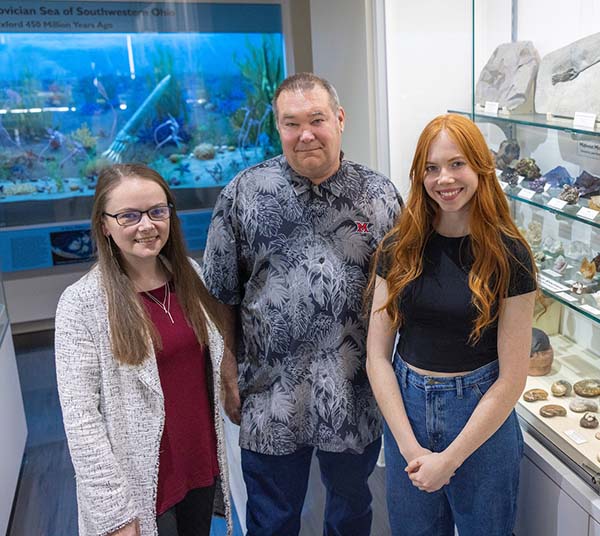 Faculty mentors Claire Mcleod and Mark Krekeler with Audrey Allen, in the Limper Geology Museum