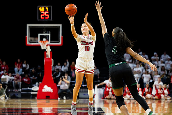 Maya Chandler of the Miami University women's basketball team takes a shot during a game at Millett Hall
