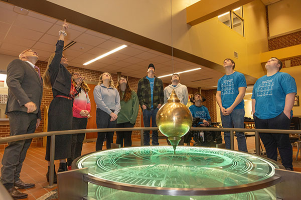 Judy Brown, third from left, brought a group of National Trail students to Miami University to meet with faculty members, as well as President Gregory Crawford and University Ambassador Dr. Renate Crawford.