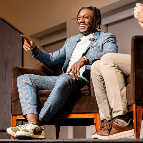 A.J. Brown gestures during a Q-and-A at Miami University