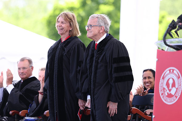 Ohio First Lady Fran DeWine ’71 and Gov. Mike DeWine ’69 received honorary Doctor of Humane Letters degrees from Miami University during Saturday’s spring commencement ceremony at Yager Stadium.