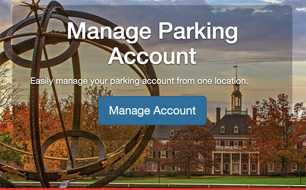 Manage parking account and image of sundial and maccracken Hall