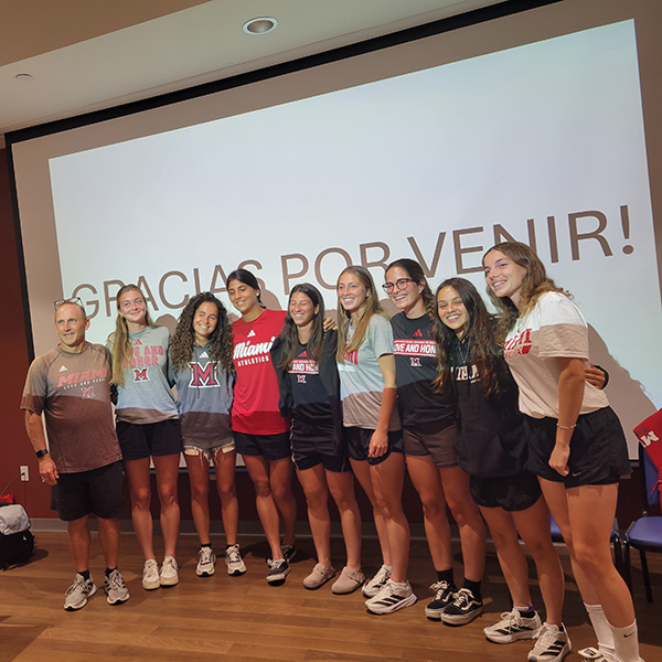 Eight student-athletes from Spain and Argentina who play on Miami University’s field hockey team recently enjoyed talking about their culture, language, and more at the Preble County Senior Center in Eaton