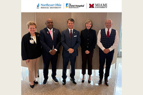 (L-R): The Christ Hospital Health Network President and CEO Debbie Hayes, NEOMED Board Chair Darrell McNair, NEOMED President Dr. John Langell, Chair of The Christ Hospital Health Network Board Chair Amy Hanson, and Miami University President Gregory Crawford gathered in Cincinnati on Oct. 21 to discuss the healthcare education goals of their collaboration. 