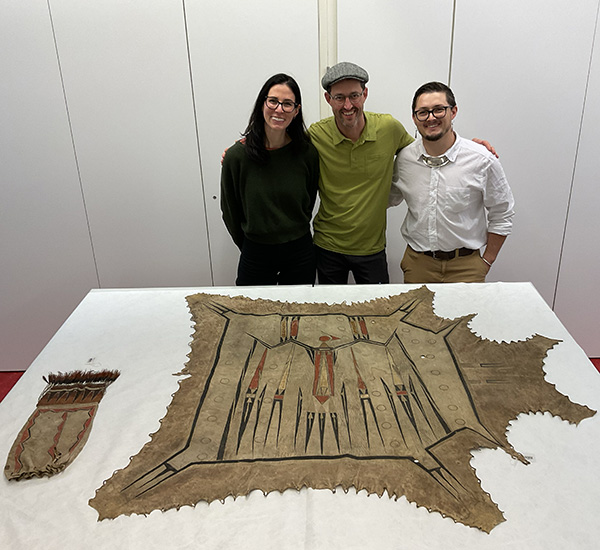 Elizabeth Ellis (Peoria Tribe of Indians of Oklahoma) stands with George Ironstrack, assistant director of the Myaamia Center, and Logan York, tribal historic preservation officer, Miami Tribe of Oklahoma.