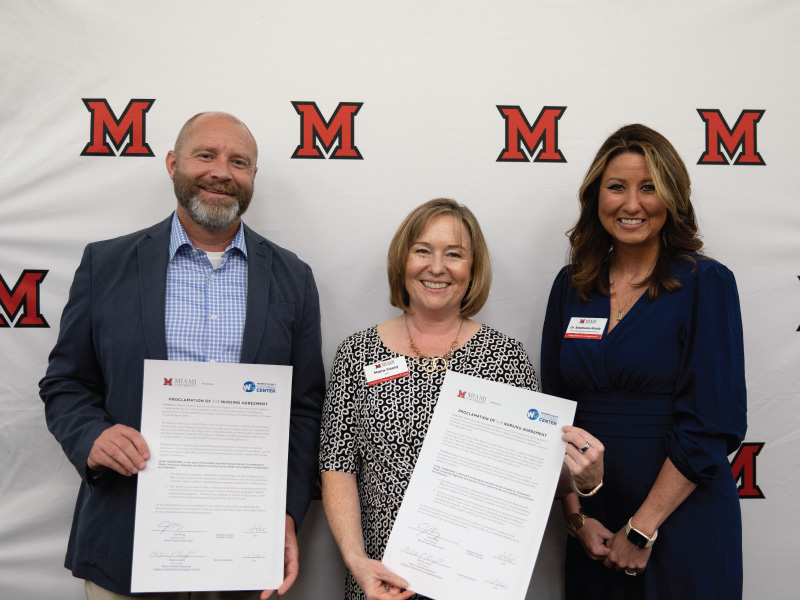 Left to right: Joel King (Superintendent, Warren County Career Center), Moira Casey (Interim Dean, Miami Regionals CLAAS), and Stephanie Nicely (Chair, Miami University Department of Nursing)
