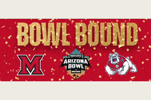 Bowl Bound Snoop Dogg Arizona Bowl graphic with Miami University and Fresno State logos
