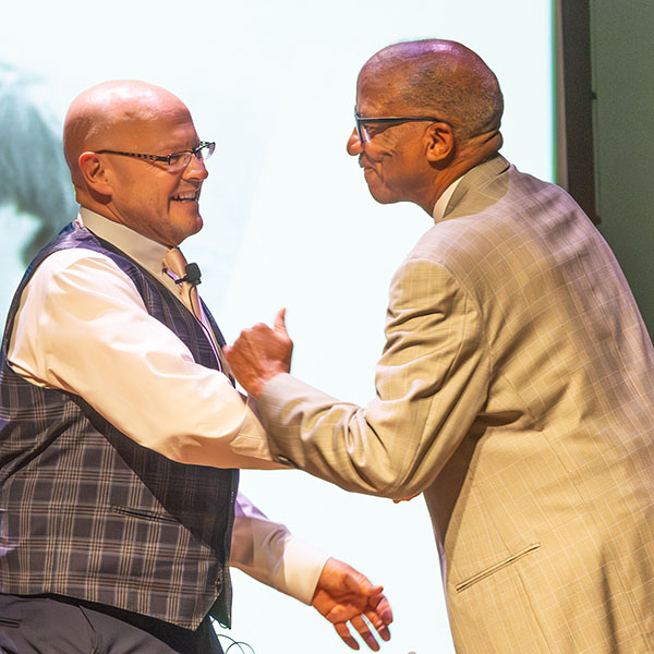 Miami University President Gregory Crawford, left, and Wil Haygood