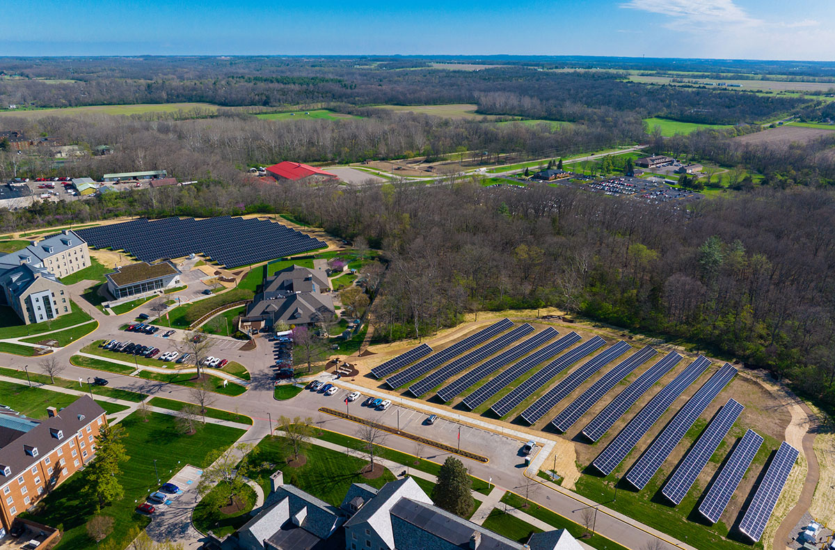 Drone view of the Mitchell sustainability park showing 2 solar arrays and the western geothermal plant from above