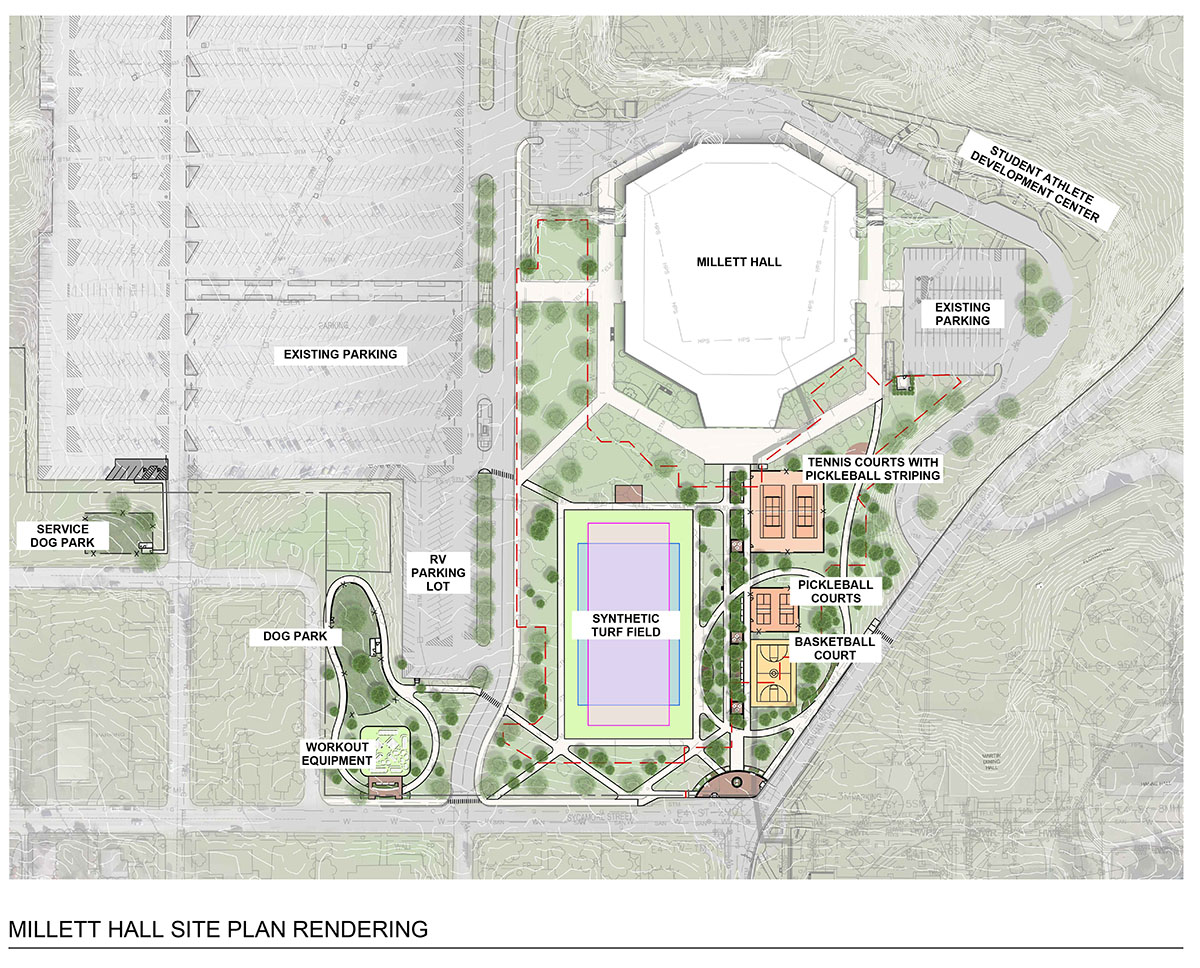 Rendering of the multi-use sports fields at the south lawn area of Millett hall shows a service dog park and a larger dog park south of the west parking lot, and a pickleball court, tennis court, and basketball court, and a large multi-use field