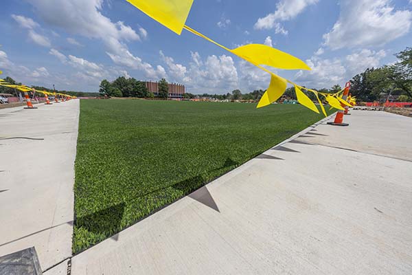 A corner of the synthetic turf field at Millett South Lawn, at the corner of Weeb Eubank Way and Sycamore Street. Small flags in the roped off area near the sidewalk make triangle shadows. Millett Hall is n the background