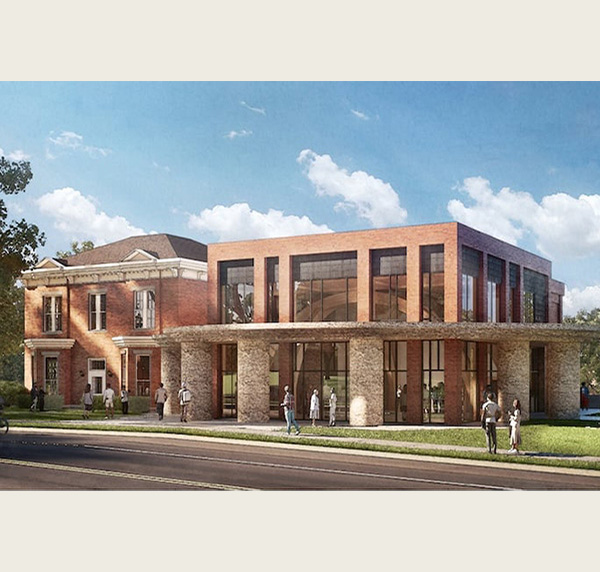 Rendering of the future expansion of Bonham House showing 5 large stone pillars surrounding the new building and supporting a covered walkway