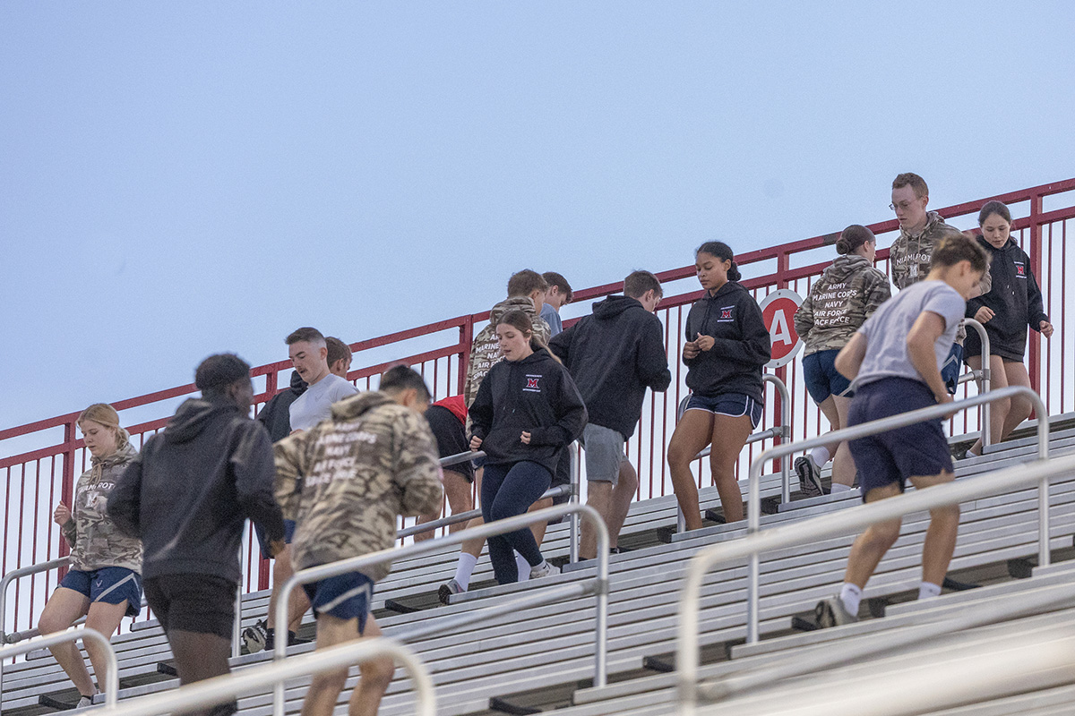 rotc cadets descend the Yager Stadium steps during the 9/11 memorial stair climb 2025