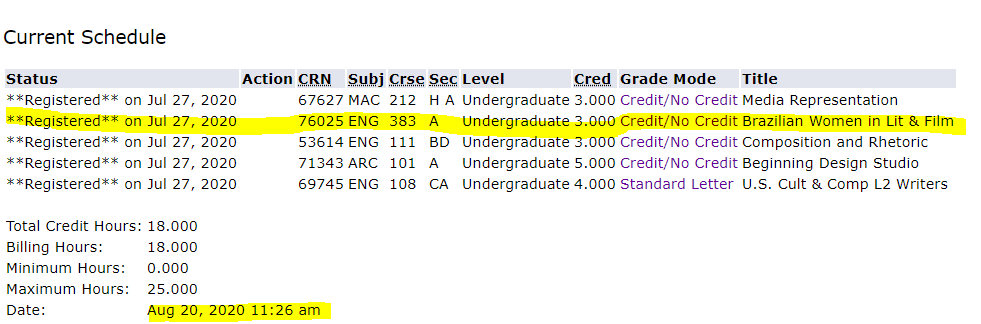 Screenshot of a current schedule with a class listed as "credit/no credit" under Grade Mode.