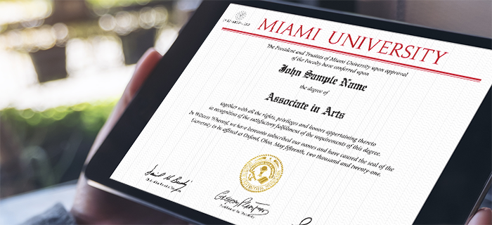 Example of a Miami University diploma displayed on a tablet device