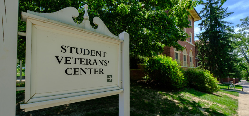 The Student Veterans Center sign and building.