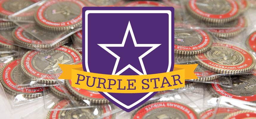 The Purple Star logo overlaid on Miami challenge coins with the Veterans Tribute logo