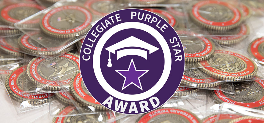 The Collegiate Purple Star logo overlaid on Miami Veterans Memorial challenge coins