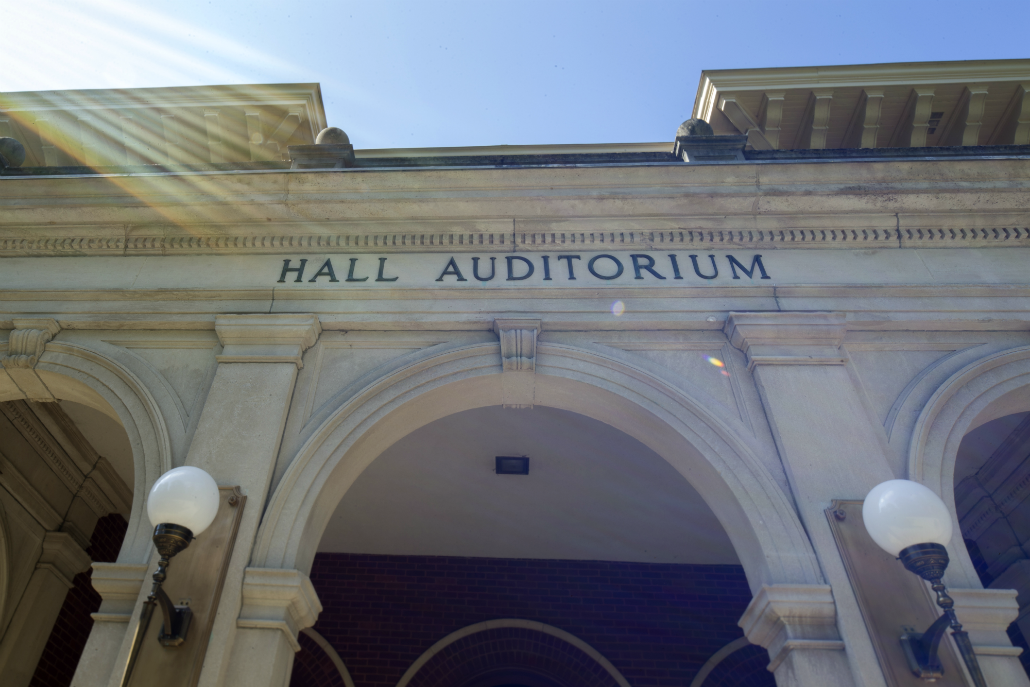 Hall auditorium name plate above the entrance.