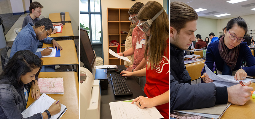 Images from left to right: Photo of two students working at their desk writing on pieces of papers. Middle photo of 2 students working in the science lab with googles on their eyes. Right image a professor working with a student at their desk. 