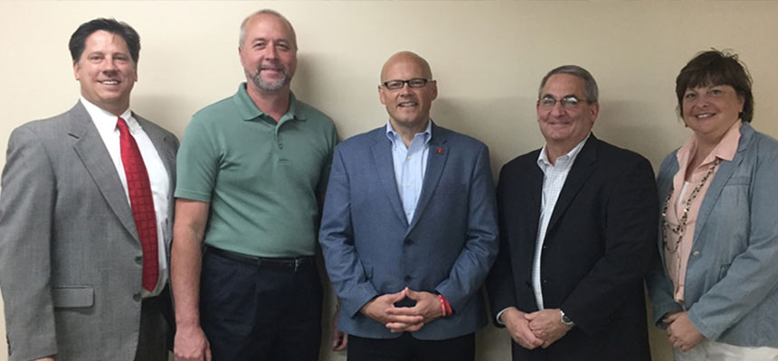 Paul Harding, Chair, Department of Biological Sciences; Dave Goins, Chief Operating Officer, Q Laboratories; Greg Crawford, President, Miami University; Jeff Rowe, President, Q Laboratories; and Lisa Dankovich, Director of University External Relations, Miami University.