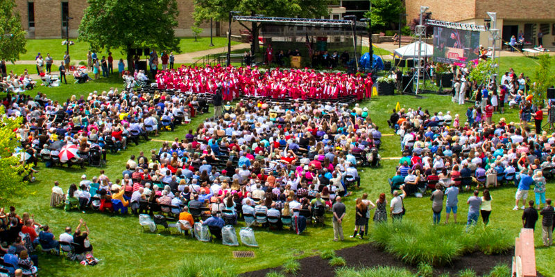 Arial view of commencement on the Hamilton Campus. 