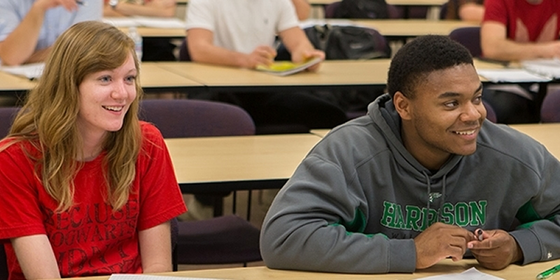 2 students sitting next to each other in class listening to the professor. 