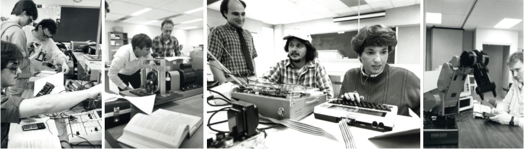 Collage of 4 black and white images showing ENT students and faculty working on lab and office equipment in 1988.