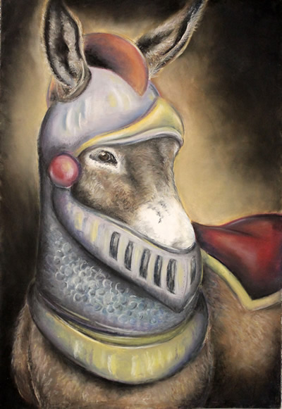 Painting of donkey in suit of armor