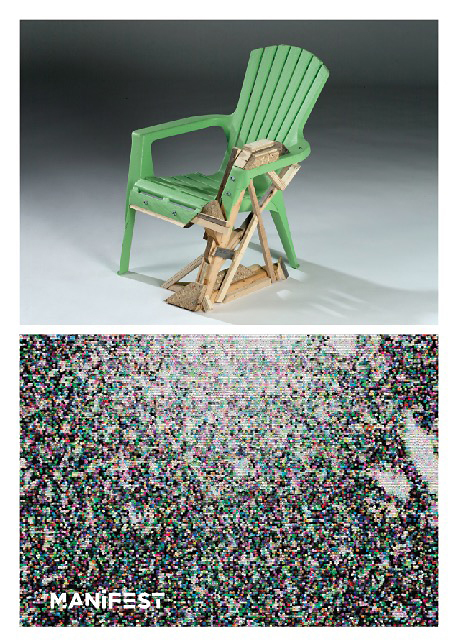 Green vinyl adirondack chair minus a leg. Missing leg is replaced with pieces of recycled wood, making chair once again functional.