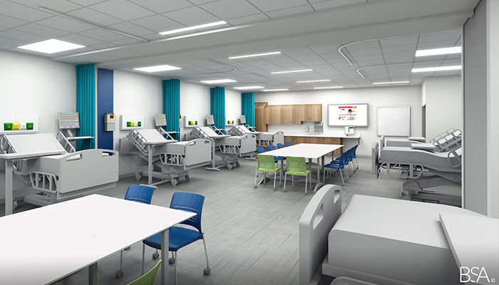 3D rendering of the new nursing simulation labs.
