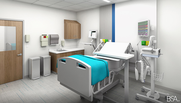3D rendering of a patient room.
