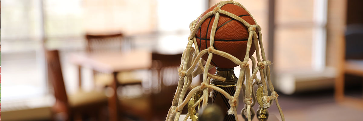 Basketball trophy with a net draped over it. 