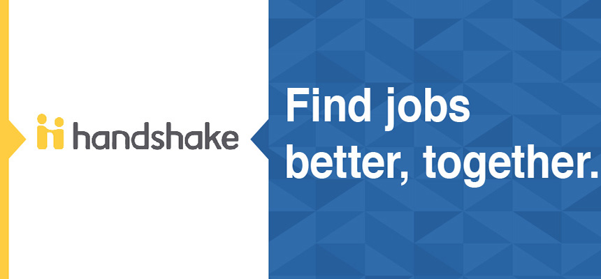 Handshake. Find jobs better together on a blue background with triangles 
